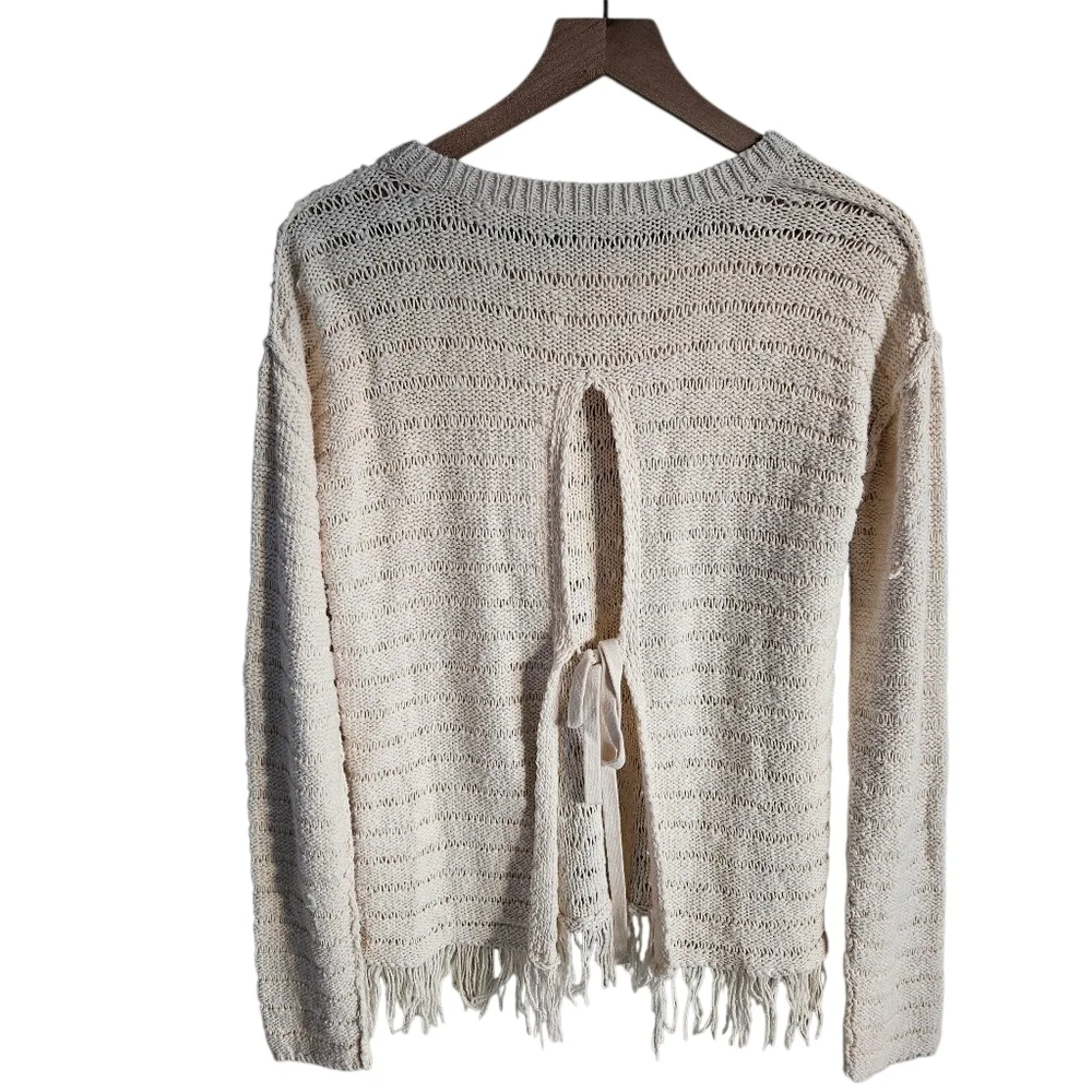 Pam & Gela Cream Fringe Open Back Sweater NWT